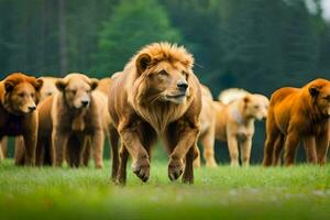 un grupo de leones caminando en un campo. generado por ai foto