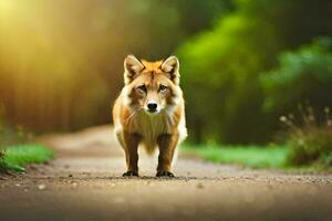 a fox is walking down a road in the forest. AI-Generated photo