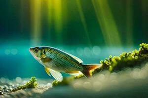 a fish is standing on the ground in front of a green background. AI-Generated photo