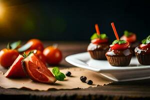 chocolate cupcakes with cherry tomatoes on a plate. AI-Generated photo