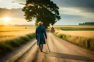 un hombre caminando abajo un suciedad la carretera con caña. generado por ai foto