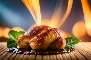 a piece of chicken is being cooked on a wooden table. AI-Generated photo