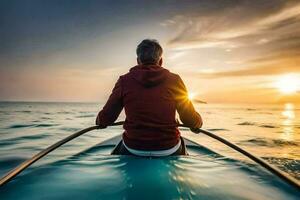 hombre en un rojo chaqueta remar en el Oceano a puesta de sol. generado por ai foto