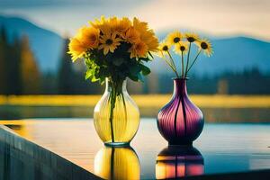 sunflowers in a vase, the mountains, the sky, flowers, nature, h. AI-Generated photo