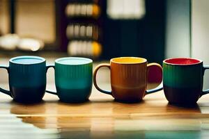 five colorful coffee mugs lined up on a table. AI-Generated photo