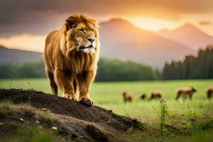 a lion stands on a hill in the middle of a field. AI-Generated photo