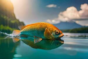 un pescado nadando en el agua con montañas en el antecedentes. generado por ai foto