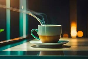 a cup of coffee on a table with a window in the background. AI-Generated photo