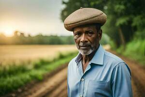 an older man wearing a hat stands on a dirt road. AI-Generated photo