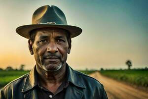 a man in a hat standing in front of a field. AI-Generated photo