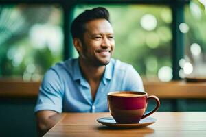 un hombre sonrisas mientras sentado a un mesa con un taza de café. generado por ai foto