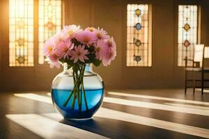 un florero con rosado flores sentado en frente de manchado vaso ventanas generado por ai foto