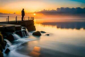 un hombre soportes en un muelle a puesta de sol. generado por ai foto