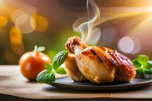 a chicken is on a plate with tomatoes and herbs. AI-Generated photo