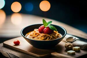 spaghetti with tomato sauce and cheese on a wooden table. AI-Generated photo