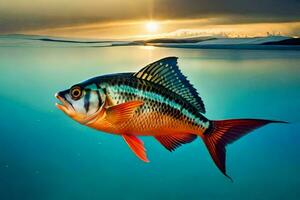 pescado en el Oceano a puesta de sol. generado por ai foto