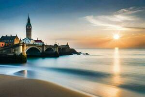 un largo exposición foto de un puente y reloj torre a puesta de sol. generado por ai