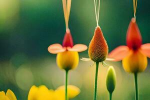 three colorful flowers are hanging from a string. AI-Generated photo