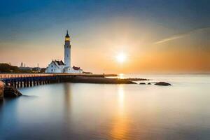 a lighthouse stands on the shore of a body of water. AI-Generated photo