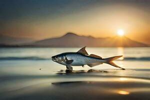 un pescado es en pie en el playa a puesta de sol. generado por ai foto