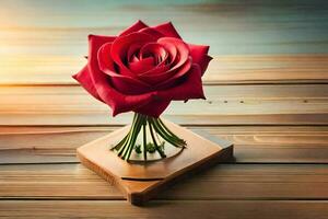 a red rose on a wooden table. AI-Generated photo
