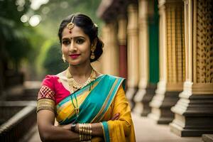 a beautiful indian woman in a colorful sari. AI-Generated photo