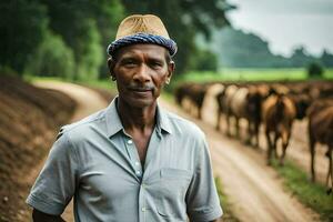 a man in a hat stands in front of a herd of cattle. AI-Generated photo