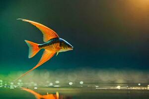 a fish with orange and black wings is flying over water. AI-Generated photo