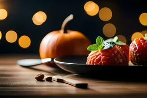 two strawberries on a plate with a pumpkin and cinnamon. AI-Generated photo