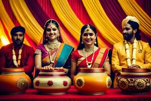 Tres mujer en tradicional indio atuendo son participación ollas. generado por ai foto