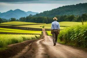 a man walking down a dirt road in a field. AI-Generated photo