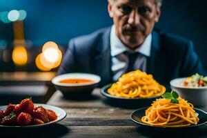 a man in a suit sitting at a table with two plates of food. AI-Generated photo