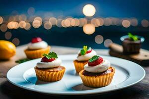 three cupcakes on a plate with a city view. AI-Generated photo