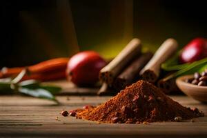 spices and cinnamon on a wooden table. AI-Generated photo