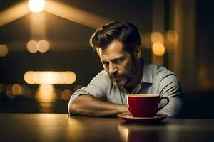 a man sitting at a table with a cup of coffee. AI-Generated photo