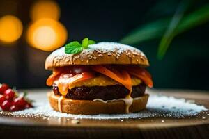 a hamburger with cheese and tomato on a wooden table. AI-Generated photo