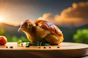 un pollo en un de madera mesa con Tomates y hierbas. generado por ai foto