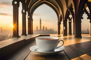 a cup of tea on a wooden table in front of a beautiful cityscape. AI-Generated photo