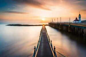 un largo exposición foto de un muelle a puesta de sol. generado por ai