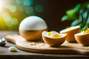 hard boiled eggs on a wooden cutting board. AI-Generated photo