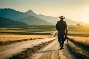 a man in a hat walks down a dirt road. AI-Generated photo