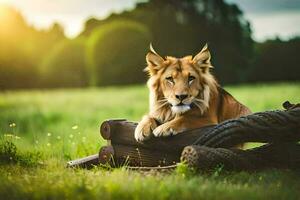 lion sitting on a log in the grass. AI-Generated photo