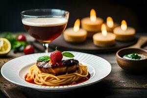a plate of spaghetti with meat and sauce on a wooden table. AI-Generated photo