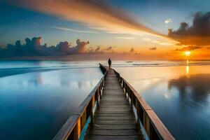 a man stands on a wooden pier at sunset. AI-Generated photo