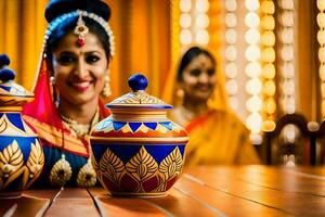 a beautiful indian bride and groom sitting in front of a table with two pots. AI-Generated photo