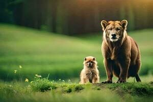 un león y un perrito son en pie en el césped. generado por ai foto