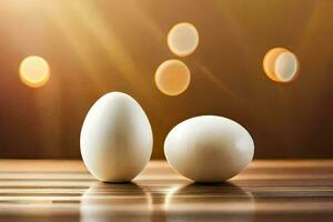 two eggs on a wooden table with bokeh. AI-Generated photo