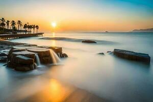 a beautiful sunset over the ocean with rocks and palm trees. AI-Generated photo