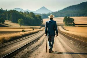 a man in a suit and hat walking down a road. AI-Generated photo