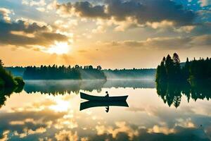 a man in a boat on a lake at sunset. AI-Generated photo